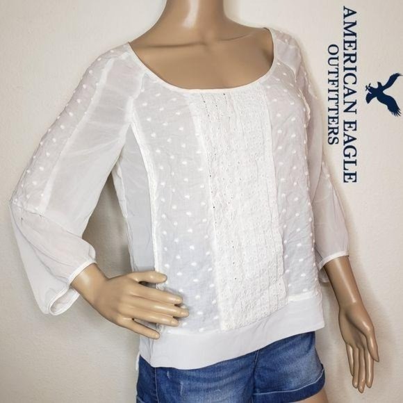 American eagle outfitters white swiss dot eyelet lace long sleeve top sz medium - Picture 7 of 7